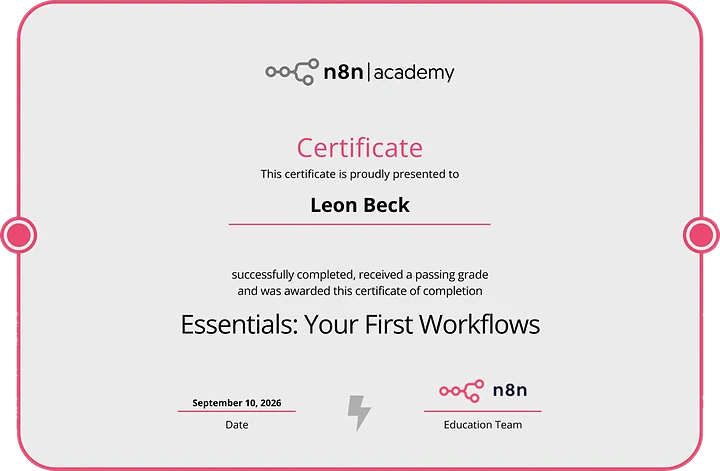 Zertifikat der n8n Academy für Leon Beck: Kurs „Essentials: Your First Workflows“ mit bestandener Prüfung, ausgestellt am 10. September 2026
